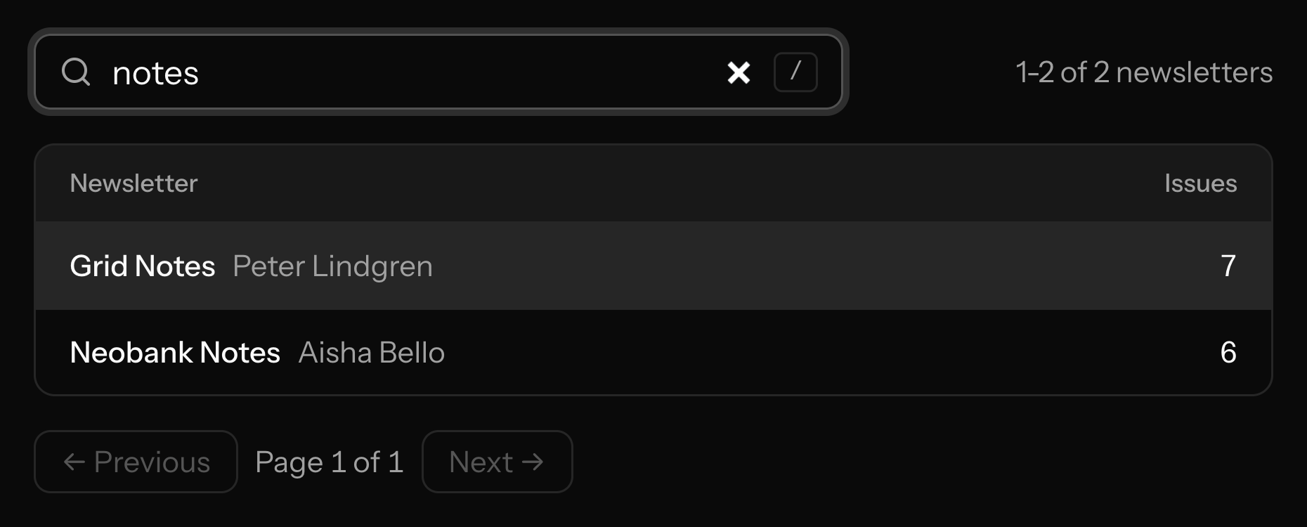 Searching and paging through newsletters in a table
