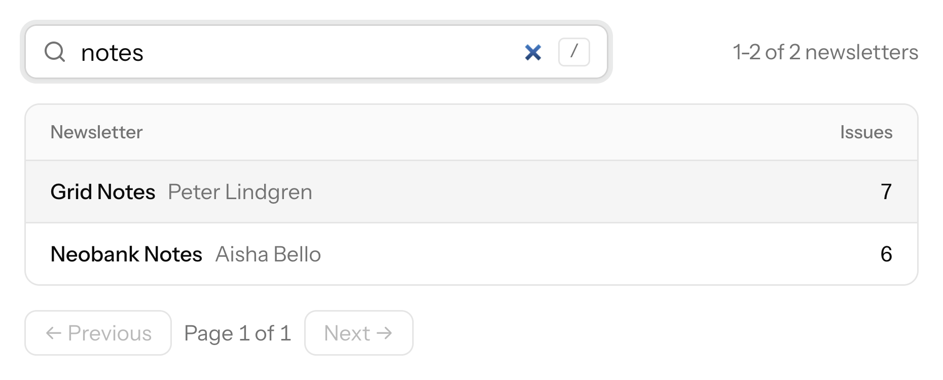 Searching and paging through newsletters in a table